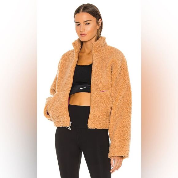 Nike Jackets & Blazers - Nike Brown Sherpa Fleece Jacket Pink Embroidered Logo S Sold by Revolve